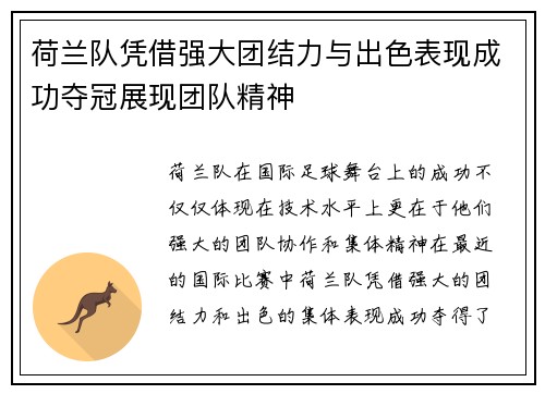 荷兰队凭借强大团结力与出色表现成功夺冠展现团队精神